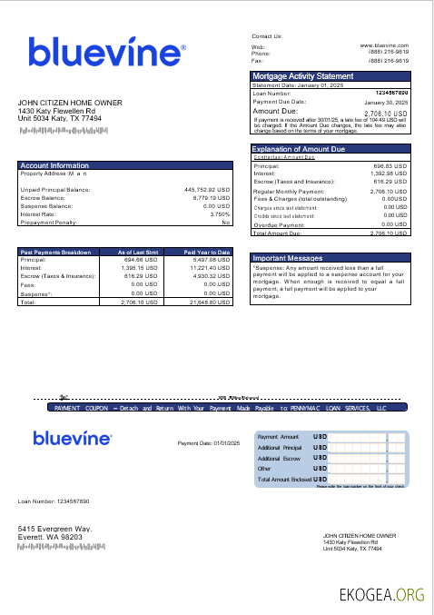 Relevé hypothécaire de la banque Bluevine aux États , Unis aux formats Word et PDF